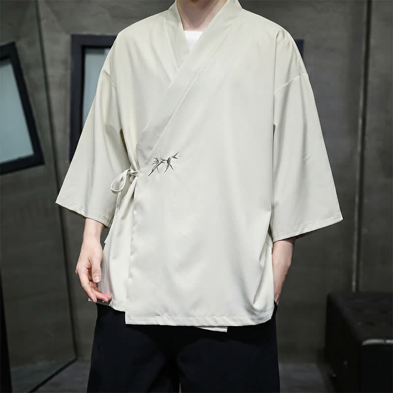 Buddha Stones Summer Tang Style Minimalist Drawstring Bamboo Solid Three-Quarter Sleeve Men's Kimono - image 2
