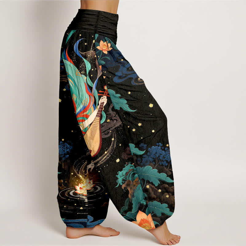 Buddha Stones Cotton Celestial Musician Lotus Pattern Women's Elastic Waist Harem Pants - image 1