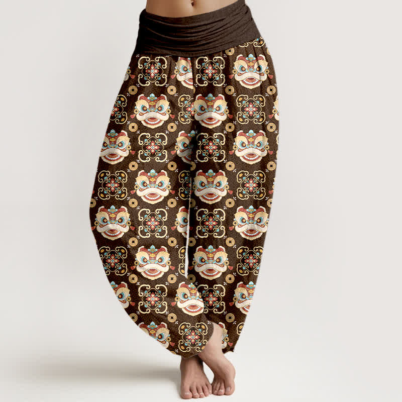 Buddha Stones Cotton Tribal Lion Mask Pattern Women's Elastic Waist Harem Pants - SaddleBrown - US16，UK/AU20，EU48 (3XL) - image 8