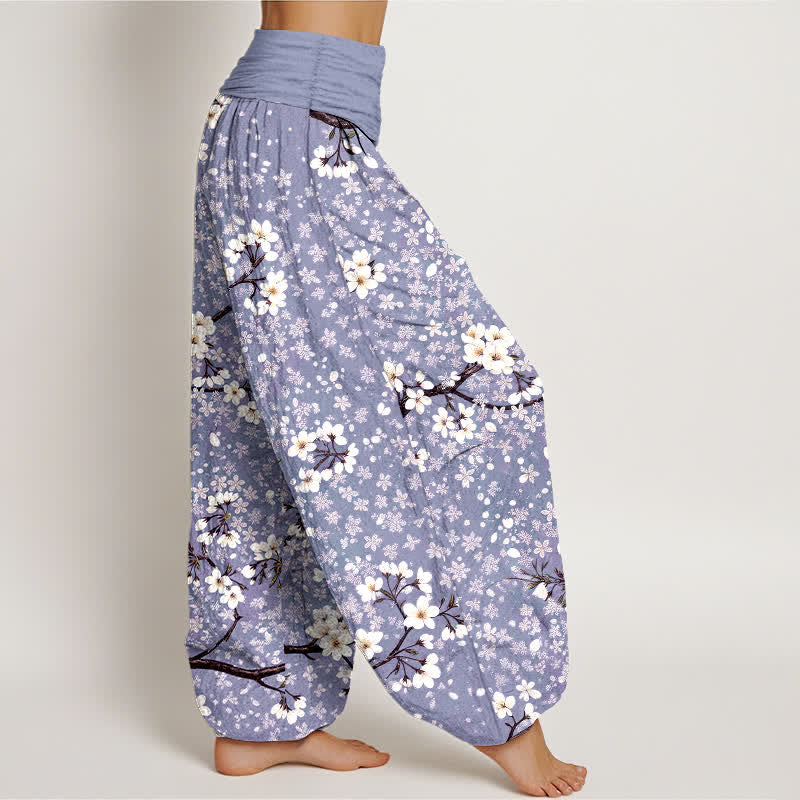Buddha Stones Cotton White Blossom Branch Pattern Women's Elastic Waist Harem Pants - image 6