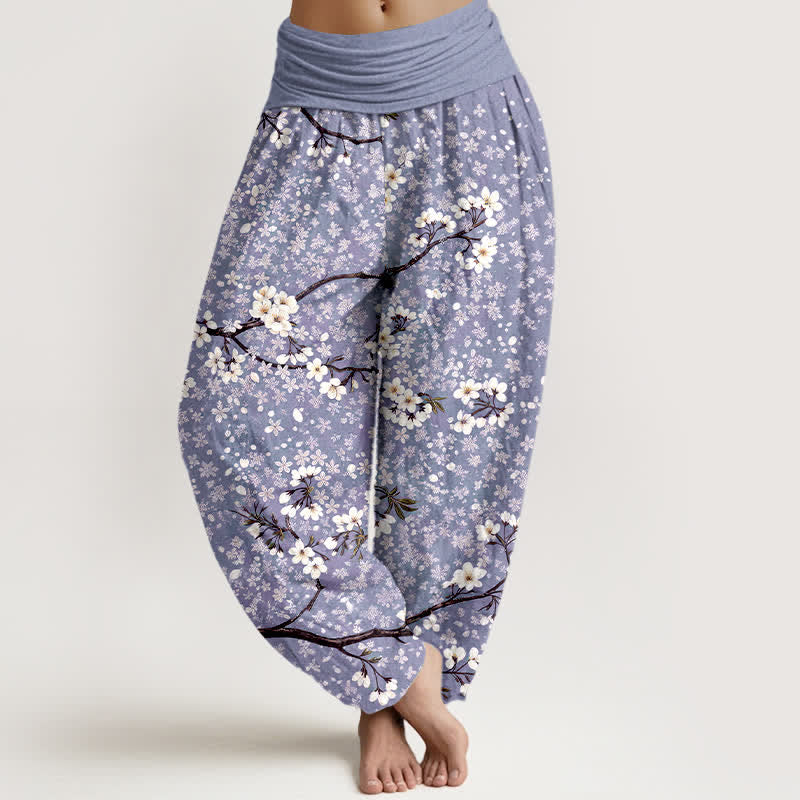 Buddha Stones Cotton White Blossom Branch Pattern Women's Elastic Waist Harem Pants - Lavender - US16，UK/AU20，EU48 (3XL) - image 5