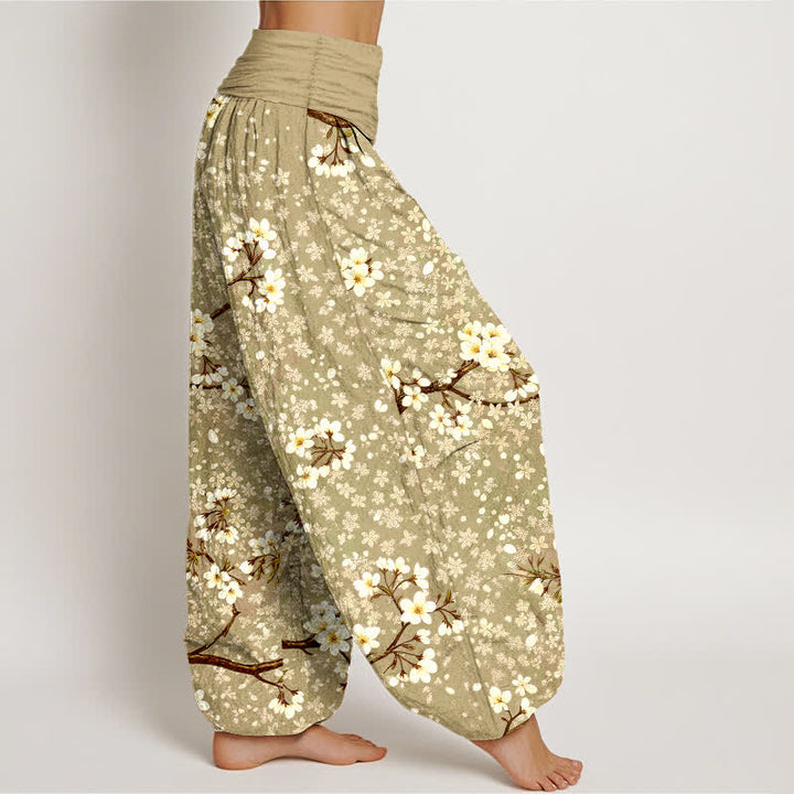 Buddha Stones Cotton White Blossom Branch Pattern Women's Elastic Waist Harem Pants - image 9