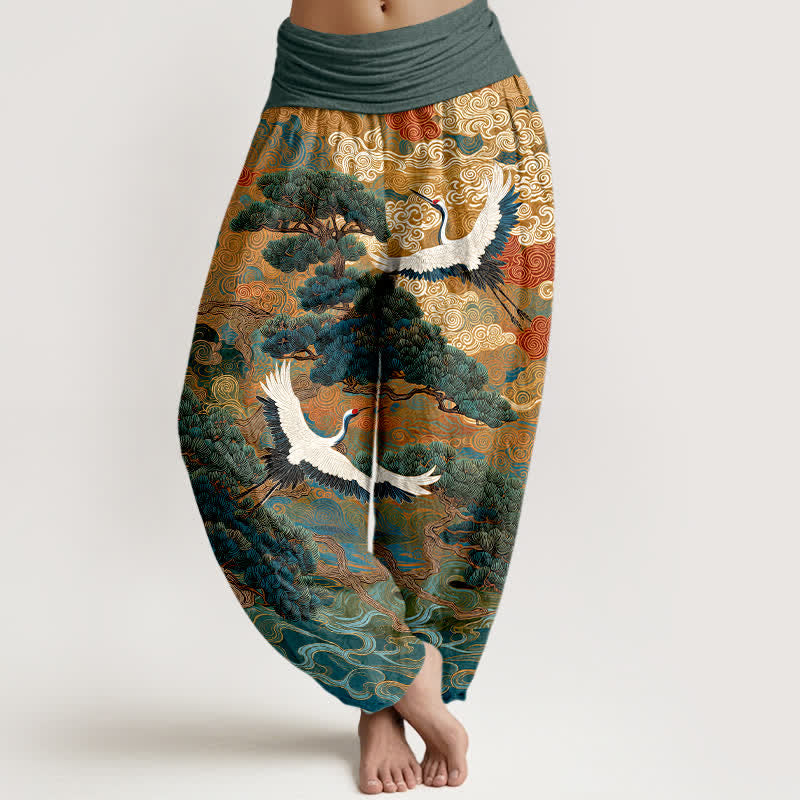 Buddha Stones Cotton Crane Pine Wave Pattern Women's Elastic Waist Harem Pants - CadetBlue - US16，UK/AU20，EU48 (3XL) - image 8