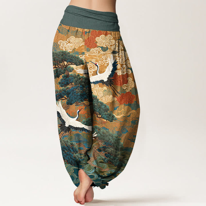 Buddha Stones Cotton Crane Pine Wave Pattern Women's Elastic Waist Harem Pants - image 10