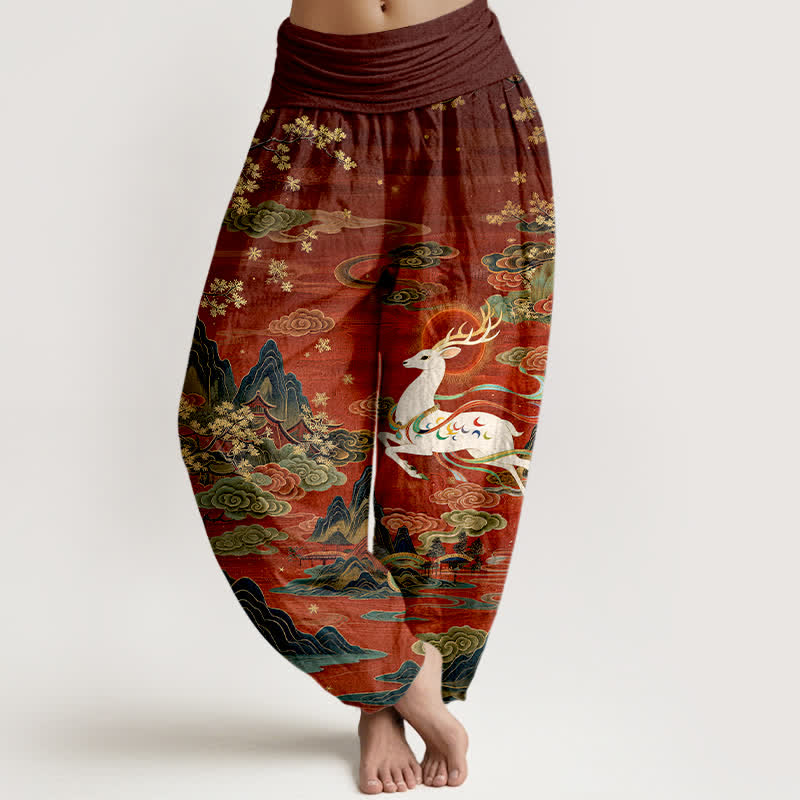 Buddha Stones Cotton White Deer Mountain Pattern Women's Elastic Waist Harem Pants - Maroon - US16，UK/AU20，EU48 (3XL) - image 0
