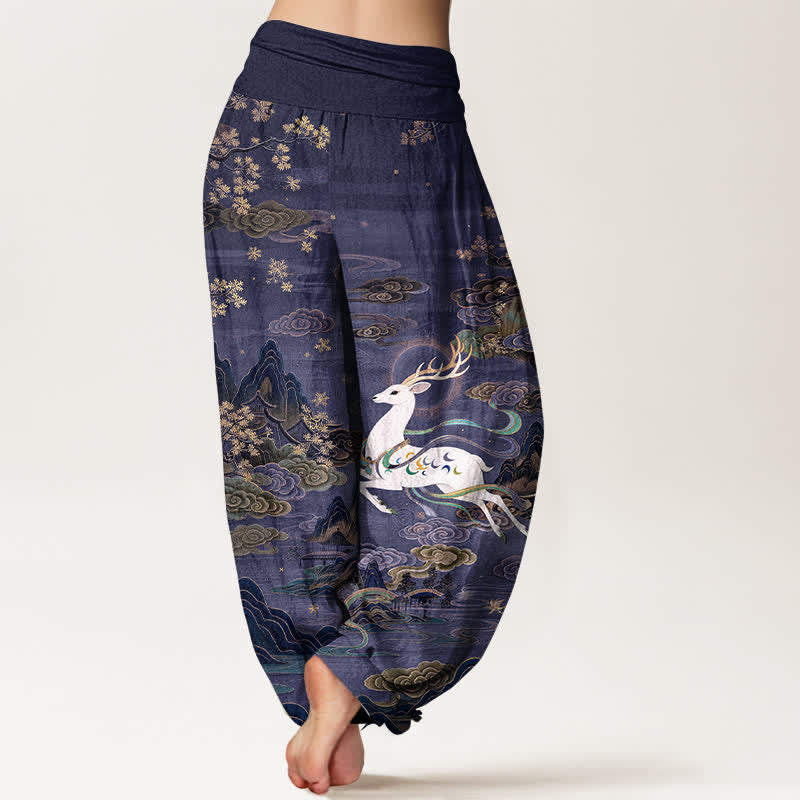 Buddha Stones Cotton White Deer Mountain Pattern Women's Elastic Waist Harem Pants - image 7