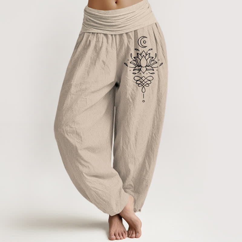 Buddha Stones Pure Cotton White Lotus Pattern Women's Elastic Waist Harem Pants - Tan - US16，UK/AU20，EU48 (3XL) - image 11