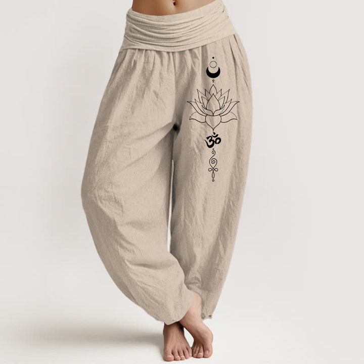 Buddha Stones Pure Cotton Lotus Moon Om Pattern Women's Elastic Waist Harem Pants - Tan - US16，UK/AU20，EU48 (3XL) - image 0