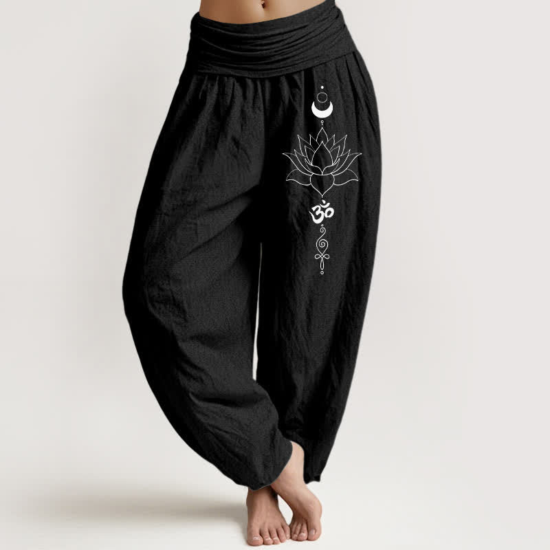 Buddha Stones Pure Cotton Lotus Moon Om Pattern Women's Elastic Waist Harem Pants - Black - US16，UK/AU20，EU48 (3XL) - image 5