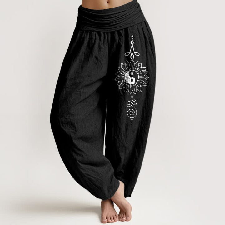 Buddha Stones Pure Cotton Sunflower Yin Yang Pattern Women's Elastic Waist Harem Pants - Black - US16，UK/AU20，EU48 (3XL) - image 5