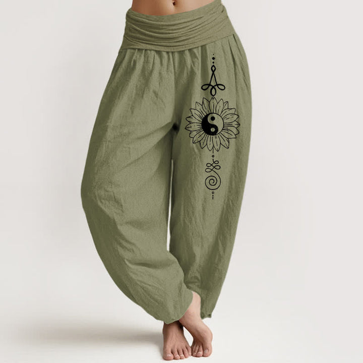 Buddha Stones Pure Cotton Sunflower Yin Yang Pattern Women's Elastic Waist Harem Pants - OliveDrab - US16，UK/AU20，EU48 (3XL) - image 14