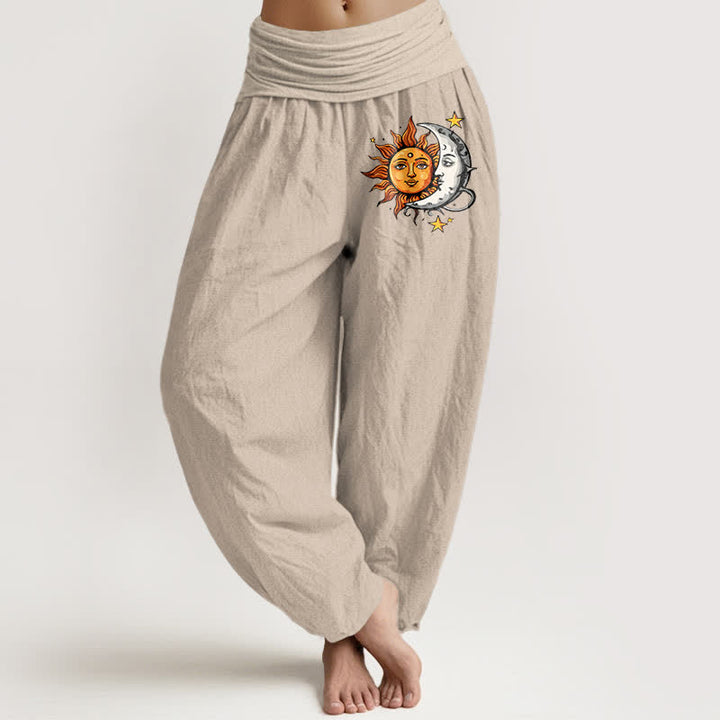 Buddha Stones Pure Cotton Sun and Moon Pattern Women's Elastic Waist Harem Pants - Tan - US16，UK/AU20，EU48 (3XL) - image 11