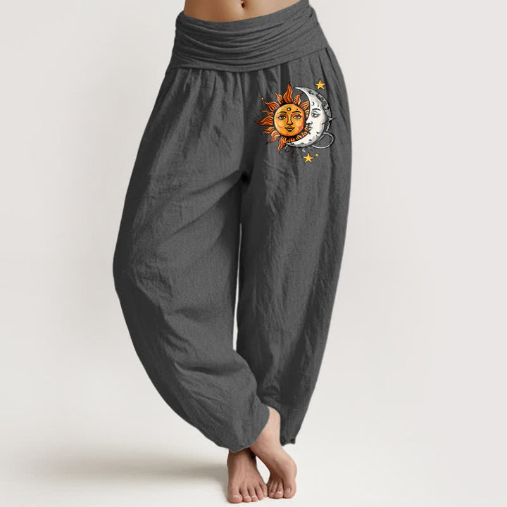 Buddha Stones Pure Cotton Sun and Moon Pattern Women's Elastic Waist Harem Pants - DimGray - US16，UK/AU20，EU48 (3XL) - image 8