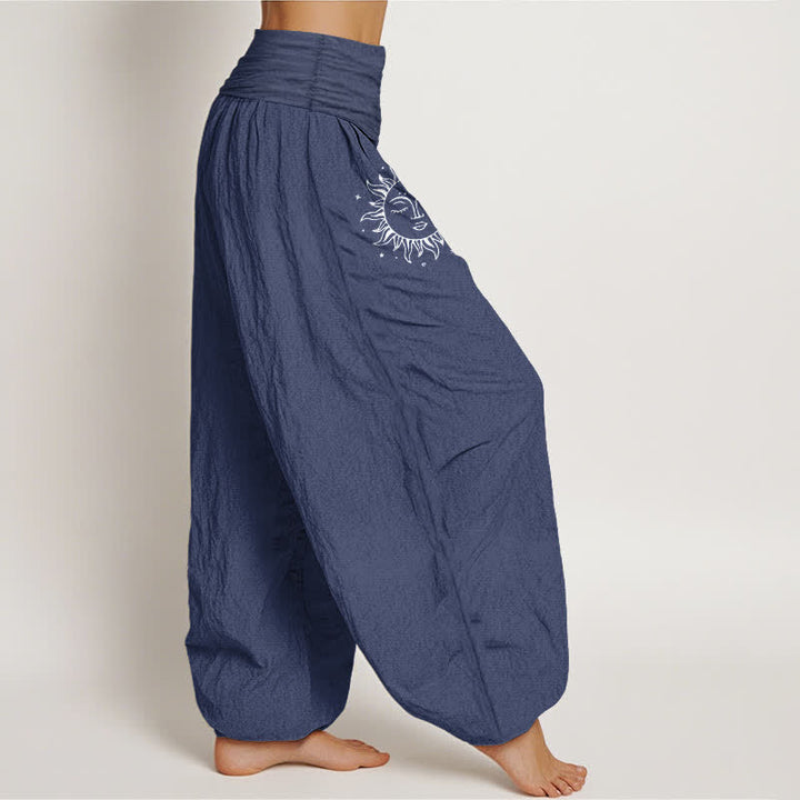 Buddha Stones Pure Cotton Sun Moon Pattern Women's Elastic Waist Harem Pants - image 1