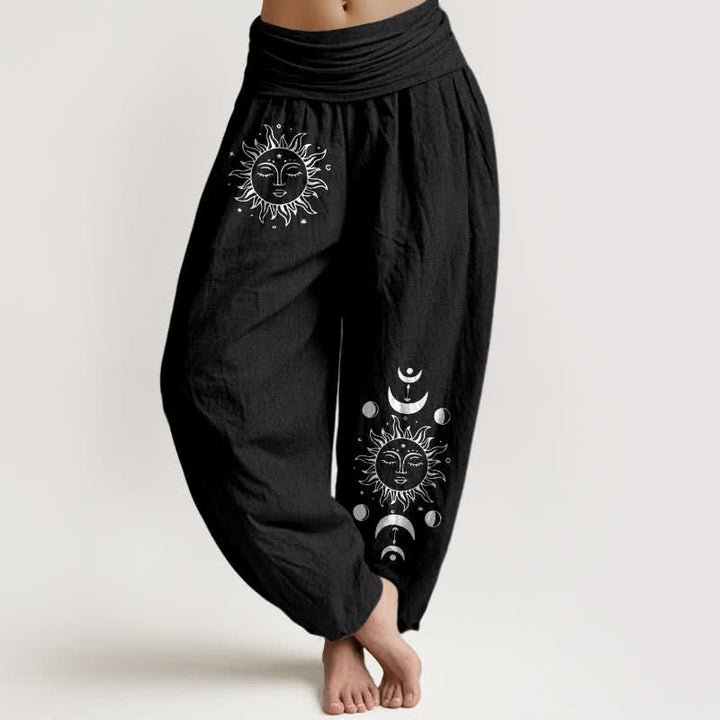 Buddha Stones Pure Cotton Sun Moon Pattern Women's Elastic Waist Harem Pants - Black - US16，UK/AU20，EU48 (3XL) - image 5