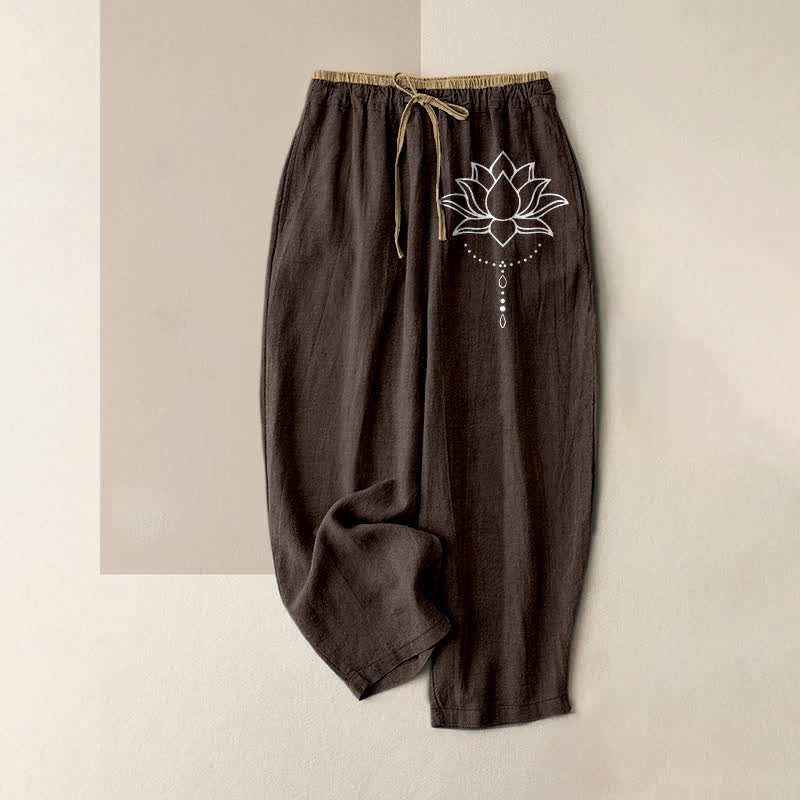 Buddha Stones Pure Cotton Serene Lotus Pattern Women's Elastic Waist Pants With Pockets - SaddleBrown - US16，UK/AU20，EU48 (3XL) - image 4