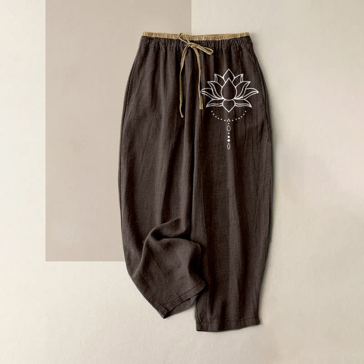Buddha Stones Pure Cotton Serene Lotus Pattern Women's Elastic Waist Pants With Pockets - SaddleBrown - US16，UK/AU20，EU48 (3XL) - image 4