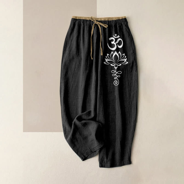 Buddha Stones Pure Cotton Zen Lotus Om Pattern Women's Elastic Waist Pants With Pockets - Black - US16，UK/AU20，EU48 (3XL) - image 4
