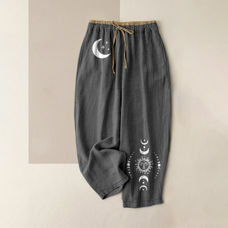 Buddha Stones Pure Cotton Elegant Celestial Moon Phase Pattern Women's Elastic Waist Pants With Pockets - DimGray - US16，UK/AU20，EU48 (3XL) - image 5