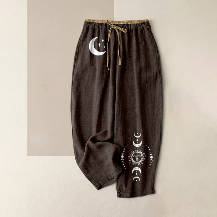 Buddha Stones Pure Cotton Elegant Celestial Moon Phase Pattern Women's Elastic Waist Pants With Pockets - SaddleBrown - US16，UK/AU20，EU48 (3XL) - image 4