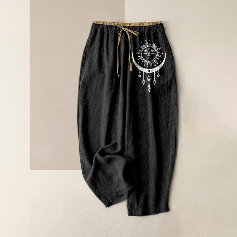 Buddha Stones Pure Cotton Celestial Sun Moon Pattern Women's Elastic Waist Pants With Pockets - Black - US16，UK/AU20，EU48 (3XL) - image 5