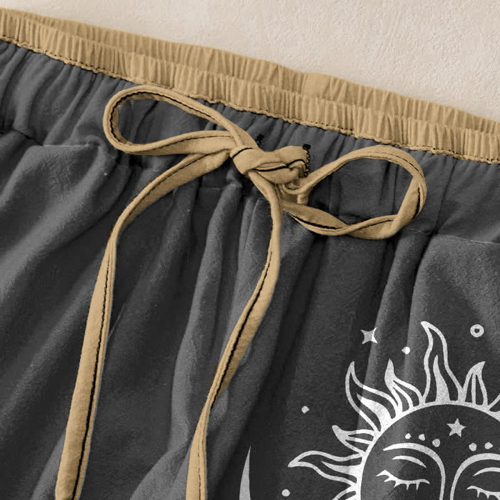 Buddha Stones Pure Cotton Celestial Sun Moon Pattern Women's Elastic Waist Pants With Pockets - image 1