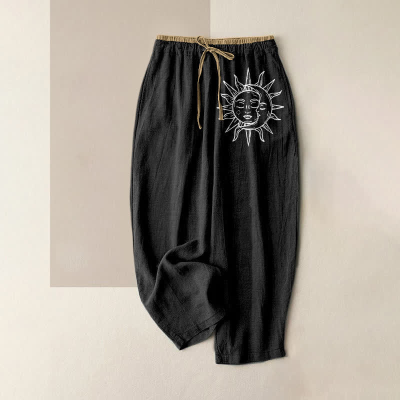Buddha Stones Pure Cotton Celestial Sun Pattern Women's Elastic Waist Pants With Pockets - Black - US16，UK/AU20，EU48 (3XL) - image 0