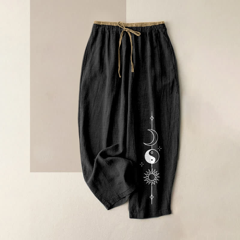 Buddha Stones Pure Cotton Celestial Yin Yang Pattern Women's Elastic Waist Pants With Pockets - Black - US16，UK/AU20，EU48 (3XL) - image 0