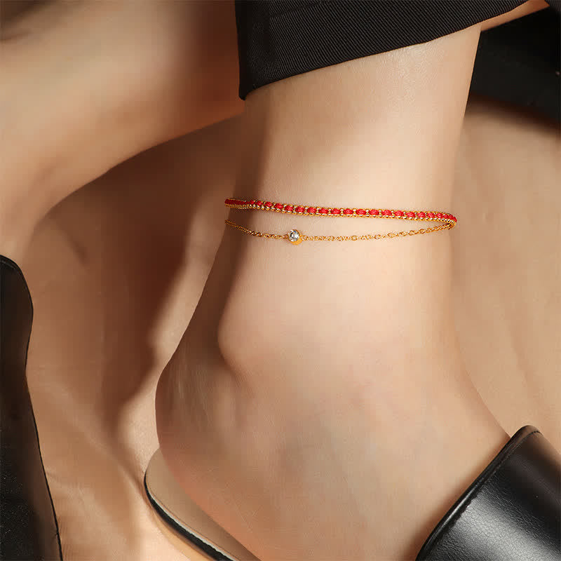 Buddha Stones Titanium Steel Red String Faith Double Wrap Anklet - image 3