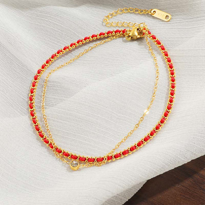 Buddha Stones Titanium Steel Red String Faith Double Wrap Anklet - image 1