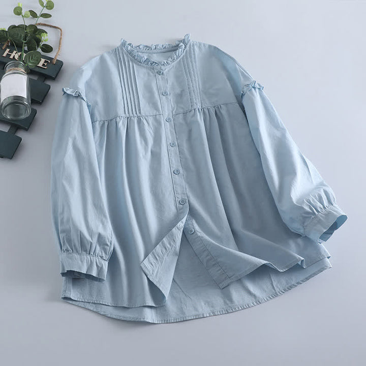 Buddha Stones Spring Casual Vintage Button-Up Solid Pleated Women's Long Sleeve Shirts - LightBlue - US8-10, UK/AU12-14, EU40-42 (2XL) - image 0