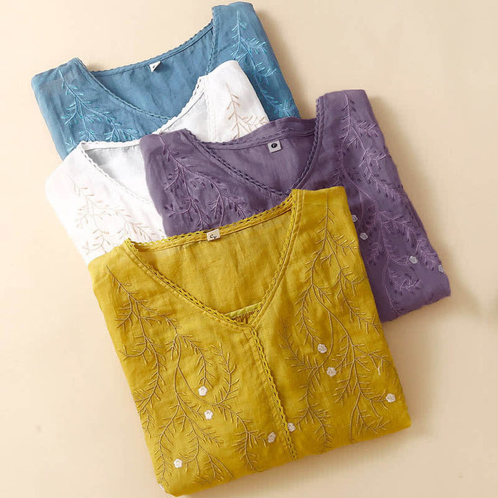 Buddha Stones Summer Casual Flower Branches Embroidered Pattern V-Neck Half Sleeve Women's T-shirt - image 8