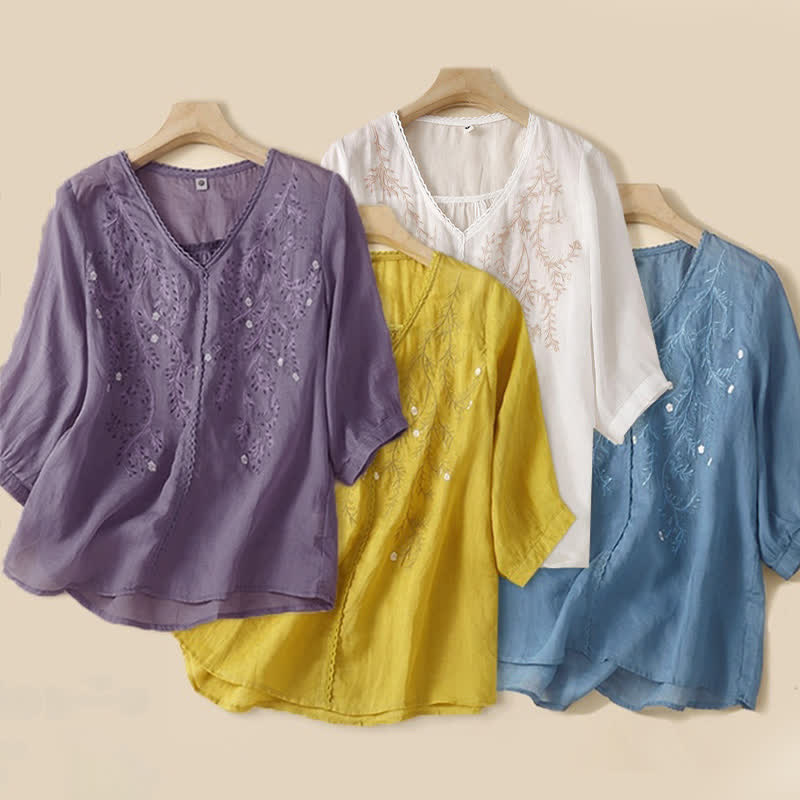 Buddha Stones Summer Casual Flower Branches Embroidered Pattern V-Neck Half Sleeve Women's T-shirt - image 7