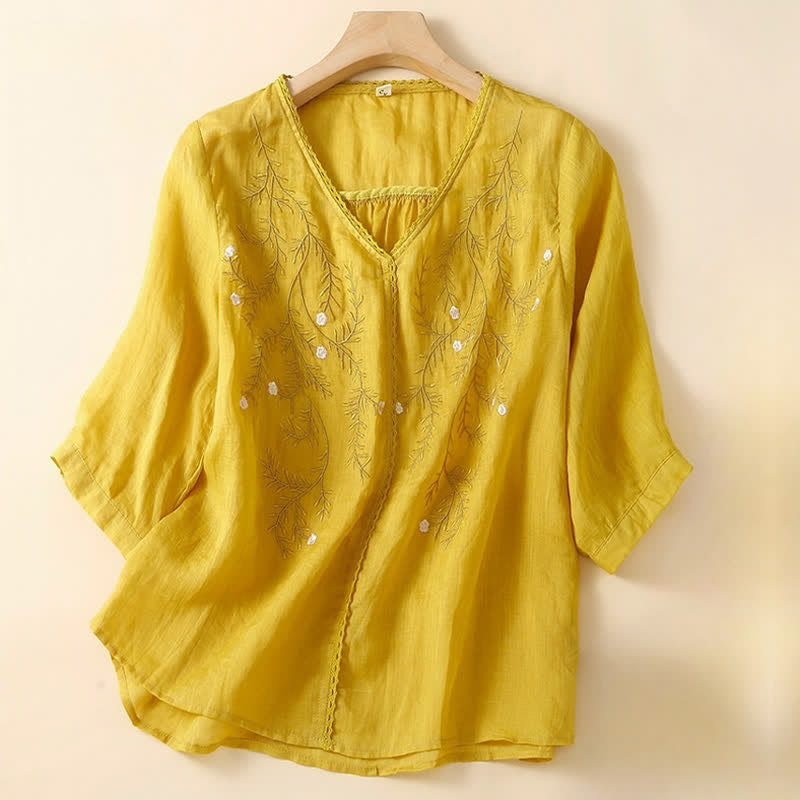 Buddha Stones Summer Casual Flower Branches Embroidered Pattern V-Neck Half Sleeve Women's T-shirt - Gold - US8-10，UK/AU12-14，EU40-42 (2XL) - image 0