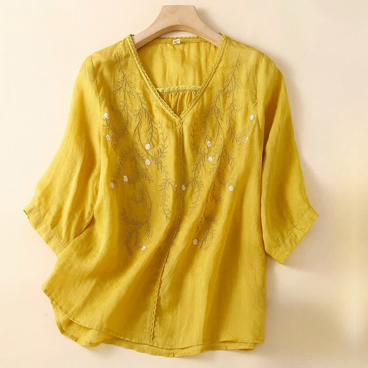 Buddha Stones Summer Casual Flower Branches Embroidered Pattern V-Neck Half Sleeve Women's T-shirt - Gold - US8-10，UK/AU12-14，EU40-42 (2XL) - image 0