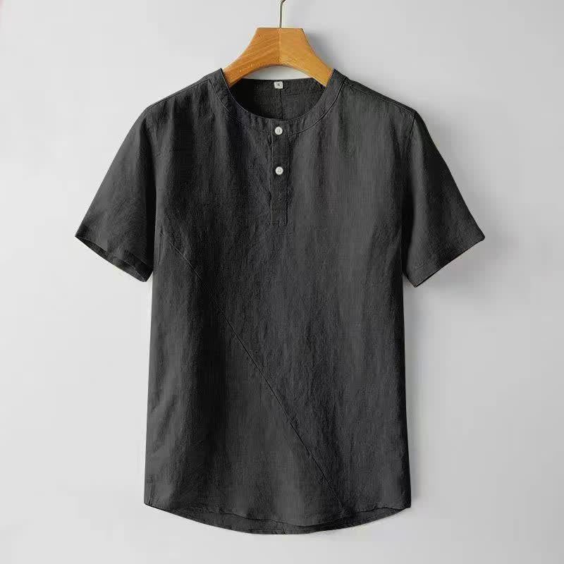 Buddha Stones Solid Color Short Sleeve Two Top Buttons Polyseter Linen Men's Shirt - Black - US/UK/AU44，EU54 (4XL) - image 3