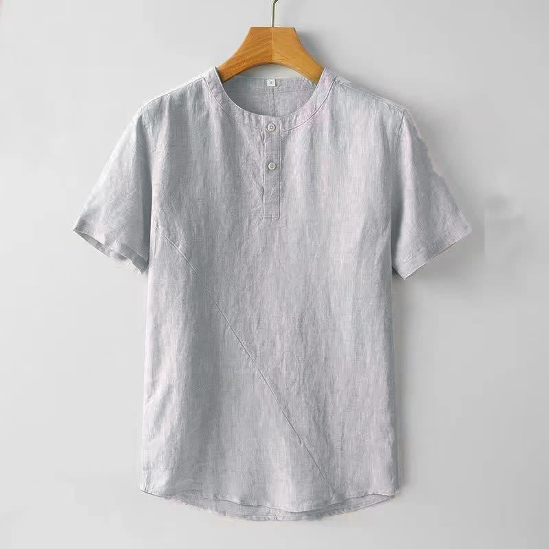 Buddha Stones Solid Color Short Sleeve Two Top Buttons Polyseter Linen Men's Shirt - WhiteSmoke - US/UK/AU44，EU54 (4XL) - image 2