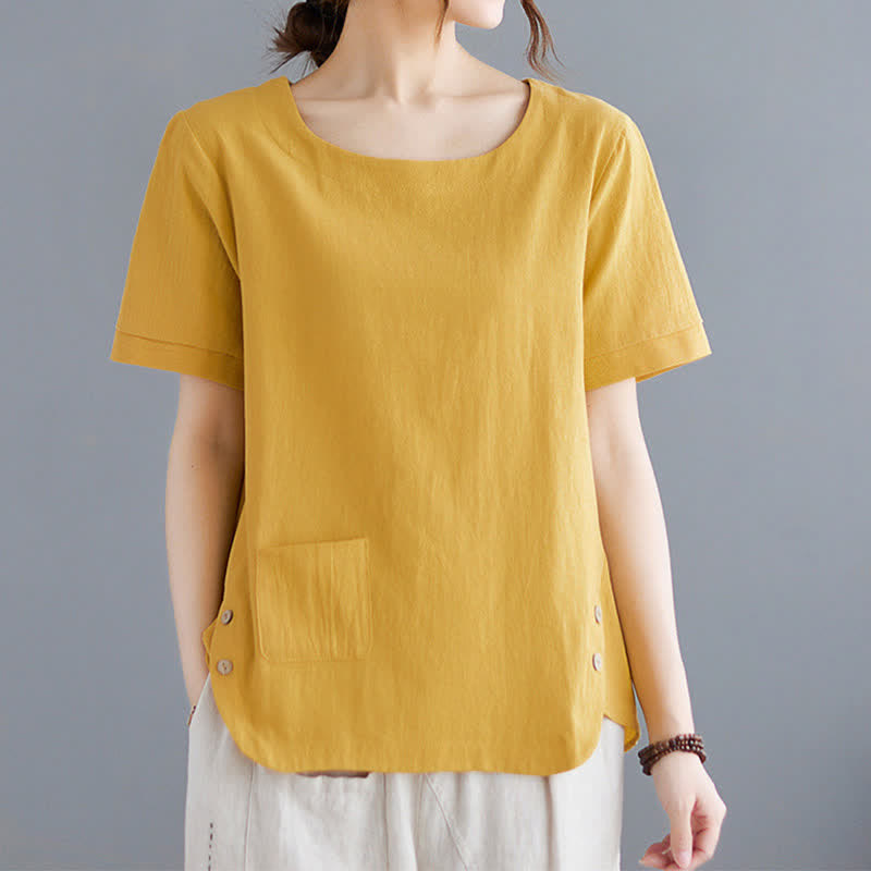 Buddha Stones Side Slit Design Women's Cotton Polyester Crew Neck Short Sleeve T-Shirt Wtih Pocket - image 1