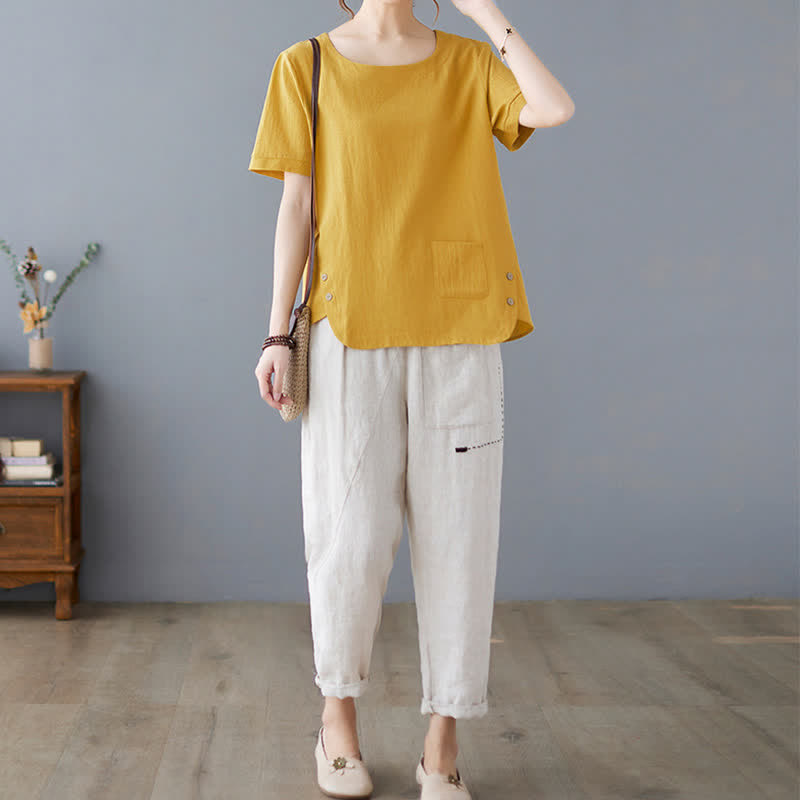 Buddha Stones Side Slit Design Women's Cotton Polyester Crew Neck Short Sleeve T-Shirt Wtih Pocket - image 4