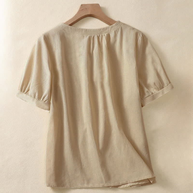 Buddha Stones Casual Women's Plain Crew Neck Button Design Half Sleeve Linen Shirt - image 1