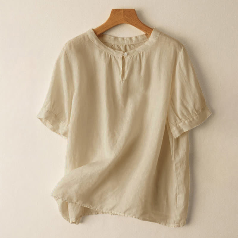 Buddha Stones Casual Women's Plain Crew Neck Button Design Half Sleeve Linen Shirt - Beige - US8-10，UK/AU12-14，EU40-42 (2XL) - image 0