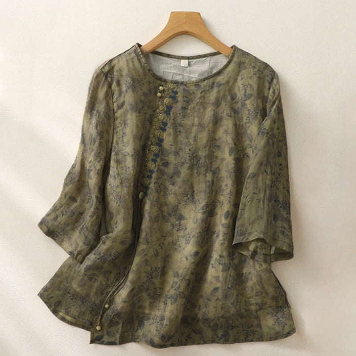Buddha Stones Embroidery Design Leaves Women's Three Quarter Sleeve Shirt - OliveDrab - US12，UK/AU16，EU44 (2XL) - image 14
