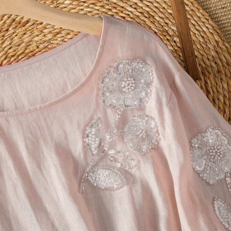 Buddha Stones Summer Casual Elegant Embroidery White Floral Crew Neck Women's Long Sleeve T-Shirt - image 2