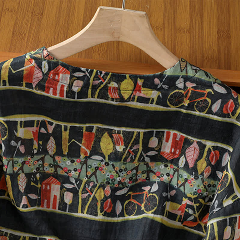Buddha Stones Plant Printed V-neck Button Design Women's Polyester Three Quarter Sleeve Shirt - image 12