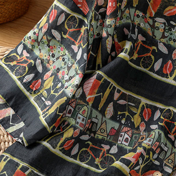 Buddha Stones Plant Printed V-neck Button Design Women's Polyester Three Quarter Sleeve Shirt - image 14