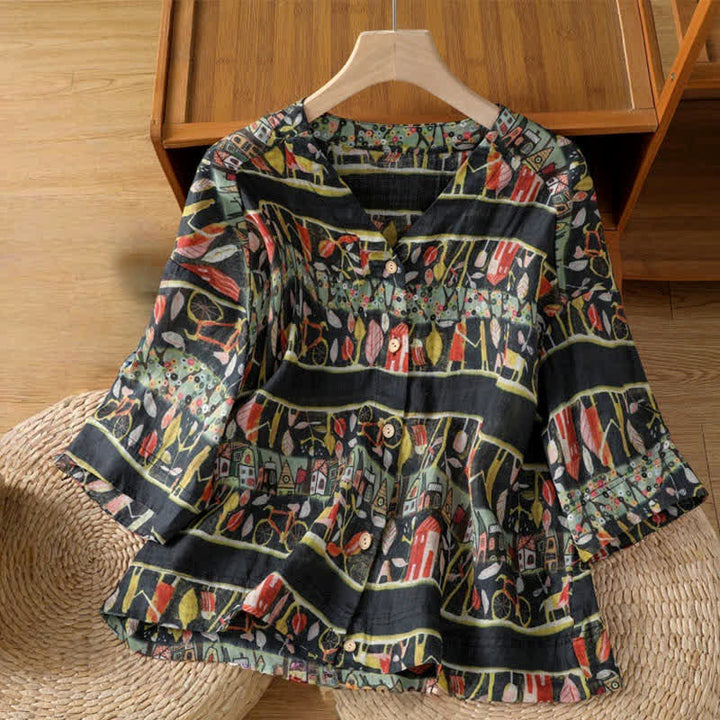 Buddha Stones Plant Printed V-neck Button Design Women's Polyester Three Quarter Sleeve Shirt - Black - US14，UK/AU18，EU46 (2XL) - image 9