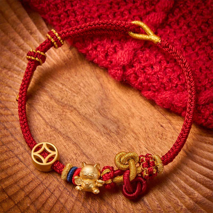 Buddha Stones Golden Lucky Cat Red String Protection Braided Bracelet - Dark Red - image 0