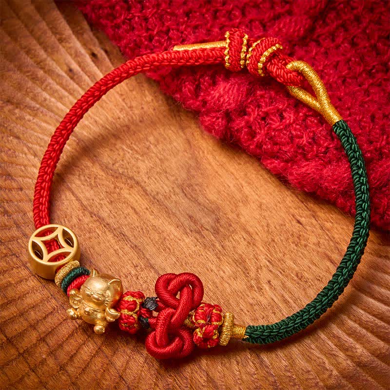 Buddha Stones Golden Lucky Cat Red String Protection Braided Bracelet - Red Green - image 10