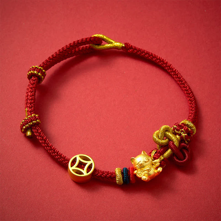 Buddha Stones Golden Lucky Cat Red String Protection Braided Bracelet - image 1