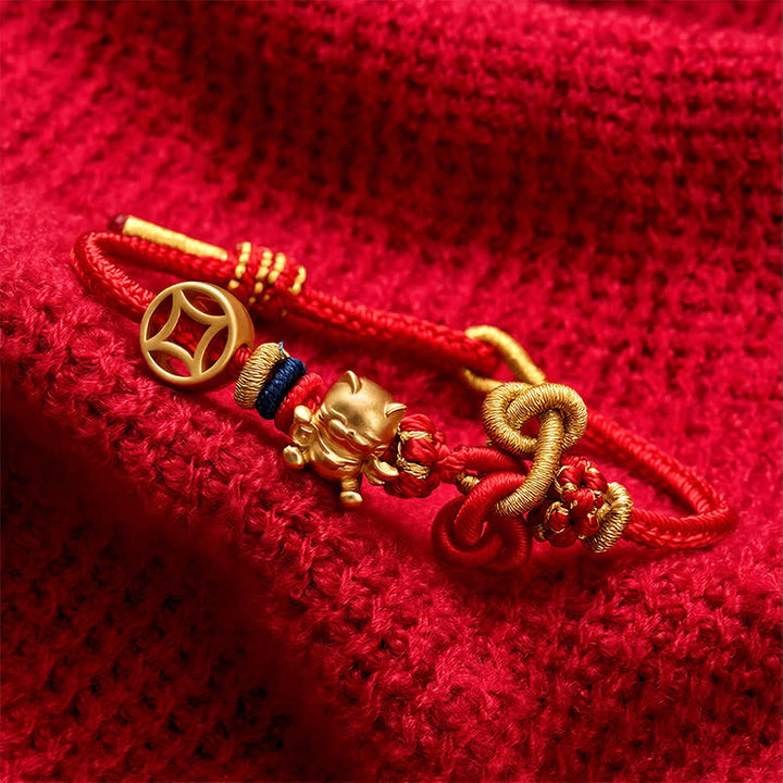 Buddha Stones Golden Lucky Cat Red String Protection Braided Bracelet - image 9